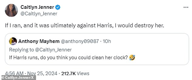 Jenner suggested she would run against Kamala Harris for governor