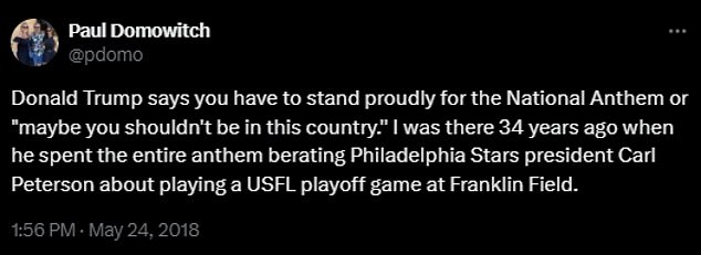 Paul Domowitch of the Philadelphia Daily News also reported on Trump's anthem singing habits in the USFL.