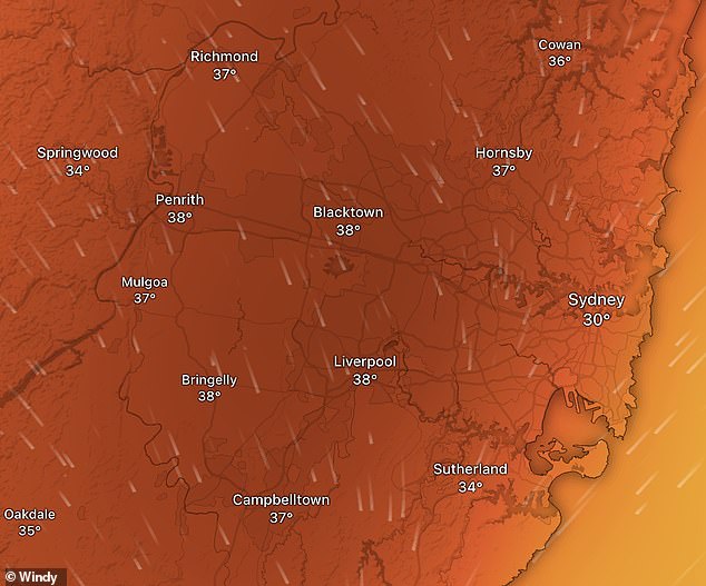 Electricity demand is expected to rise five percent on Wednesday, the most since June, due to high temperatures (pictured, forecast for midday Wednesday)