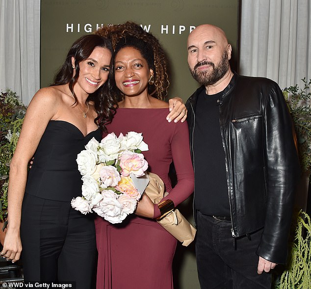 The Duchess of Sussex (pictured left), 43, supported her friend and A-list hairstylist Kadi Lee (pictured center) in Venice, California, on Nov. 14 at a glitzy event. launch. In the photo on the right, the famous stylist Serge Normant