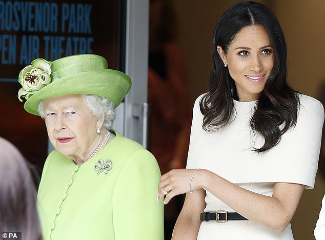 Meghan is pictured at her first engagement, a visit to Chester with Her Majesty in June 2018.