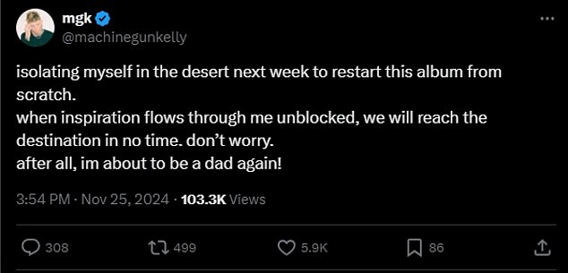 The 34-year-old pop punk rapper took to X (formally Twitter) to announce that he was about to work on his next album and finally clarified that he is having his first child with his famous 38-year-old actress girlfriend.