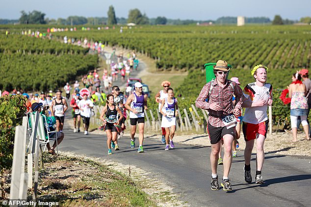 Athletes run alongside the Médoc vineyards near Pauillac during the 30th Médoc Marathon, a 42.2 kilometer (26 mile) circuit in the Médoc wine region near Bordeaux in southwestern France.