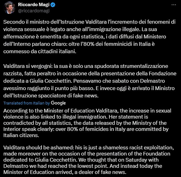 Riccardo Magi, leader of Italy's 'More Europe' party, has rebuked Meloni's government for claiming the country is seeing a rise in sexual violence due to illegal immigration and declared that the Interior Ministry's own figures suggested the overwhelming Most rapes and femicides are committed by Italian citizens