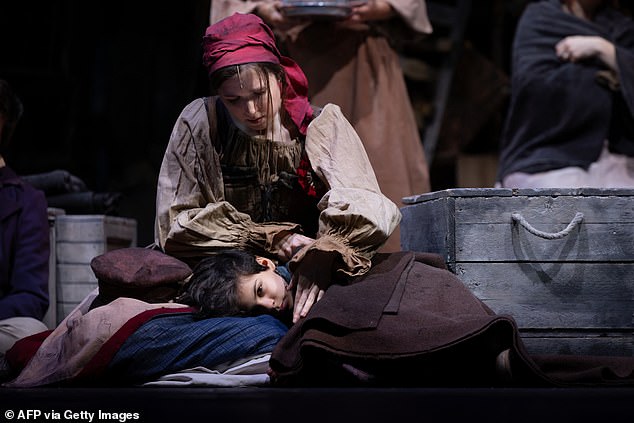 Actors perform the musical Les Miserables based on the work of Victor Hugo during a dress rehearsal at the Theater du Chatelet on November 17, 2024.