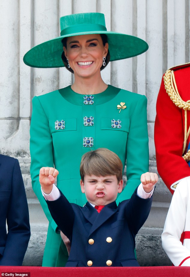 Prince Louis and his mother, the Princess of Wales, watch an RAF flyover from the balcony of Buckingham Palace during Trooping the Color in 2023.