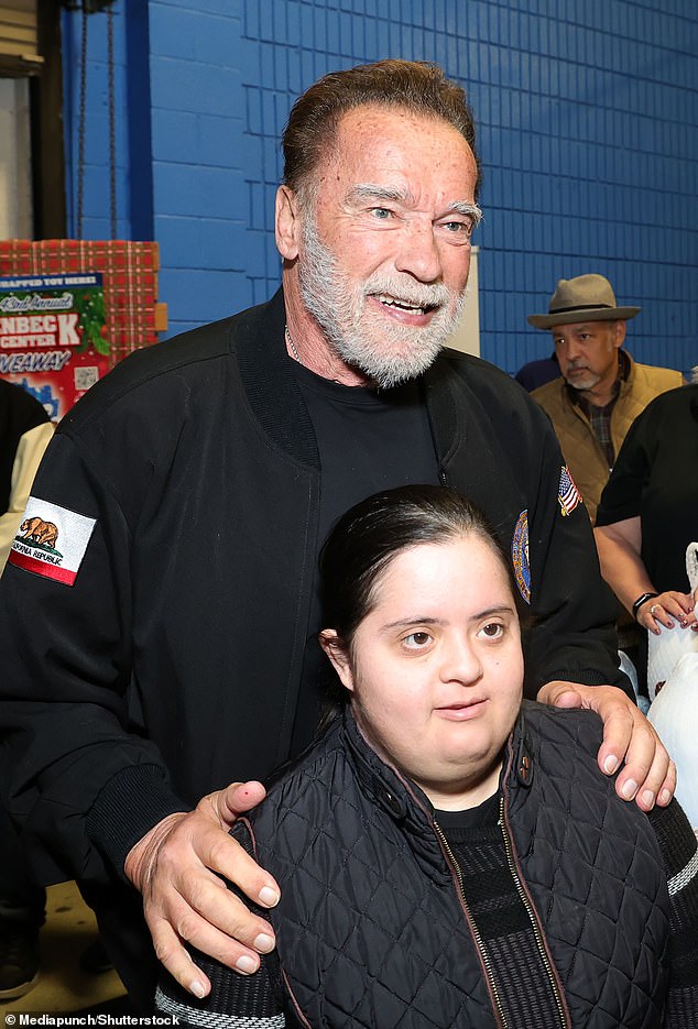 The former California governor, 77, was in good spirits when he appeared at the Hollenbeck Youth Center and greeted families.