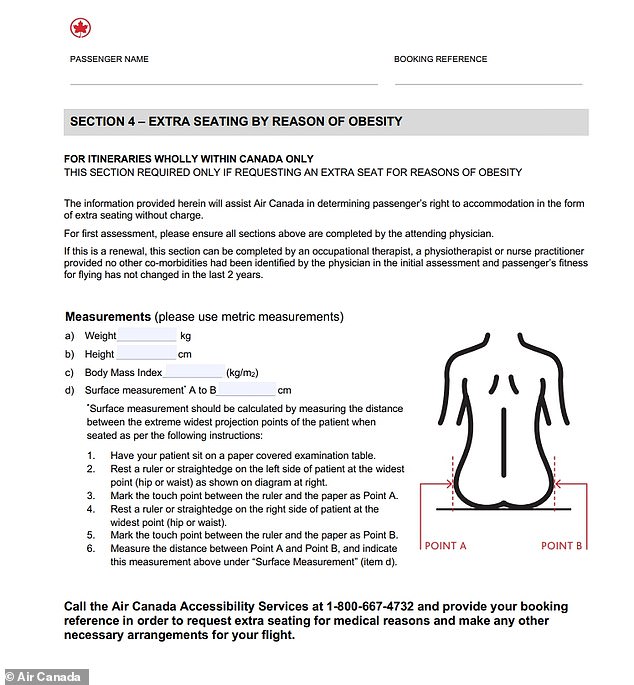 Airlines, such as Air Canada, require passengers who need medical accommodations to submit documentation and documentation from their doctors to make the request. To determine if a passenger is eligible, they must provide their height, weight, body mass index, and more.