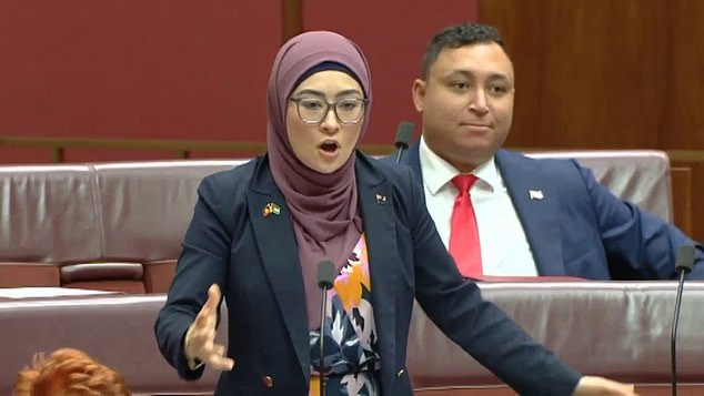 Fatima Payman (pictured) spoke after Senator Hanson attempted to present a document raising her possible Afghan citizenship as a reason to be excluded from parliament.