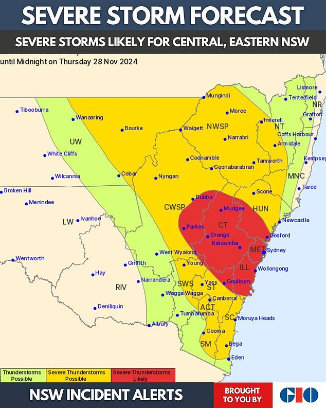 Severe storms are forecast for central and eastern New South Wales. Western parts of New South Wales have also been warned to prepare for possible heavy rain.