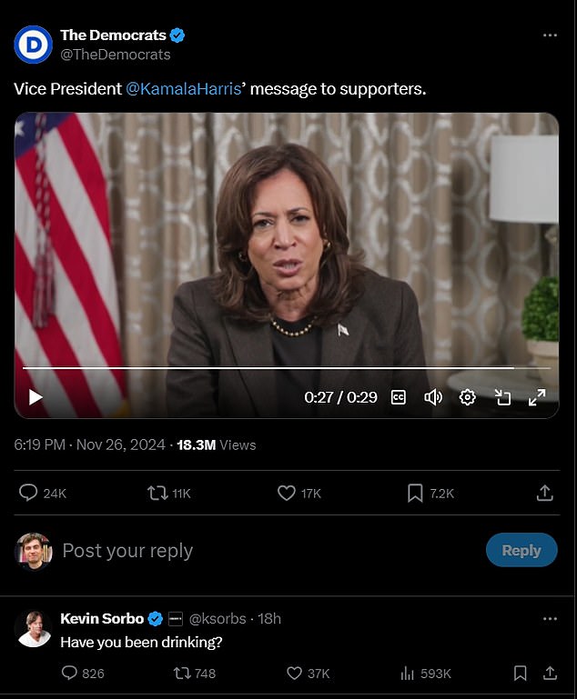 The post on the Democrats' page was flooded with comments asking whether Kamala had been drinking