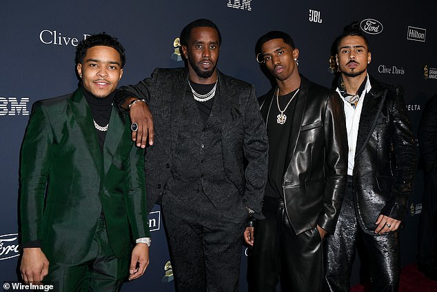 One broker claimed that Justin would attend raucous parties with many more guests than initially stipulated; Justin (L) is pictured with (L-R), father Sean 'Diddy' Combs and brothers Christian Combs and Quincy Taylor Brown in 2020 in Beverly Hills.