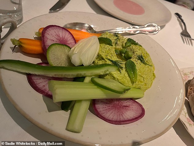 One of the starters Sadie tried was Chef Neal's green chickpea hummus, served with a variety of colorful crudités.