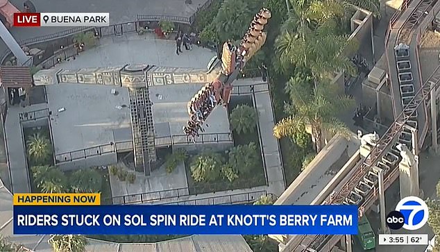 The Sol Spin ride at Knott's Berry Farm was brought to an abrupt halt around 2pm on Monday, leaving thrill seekers to fend for themselves.