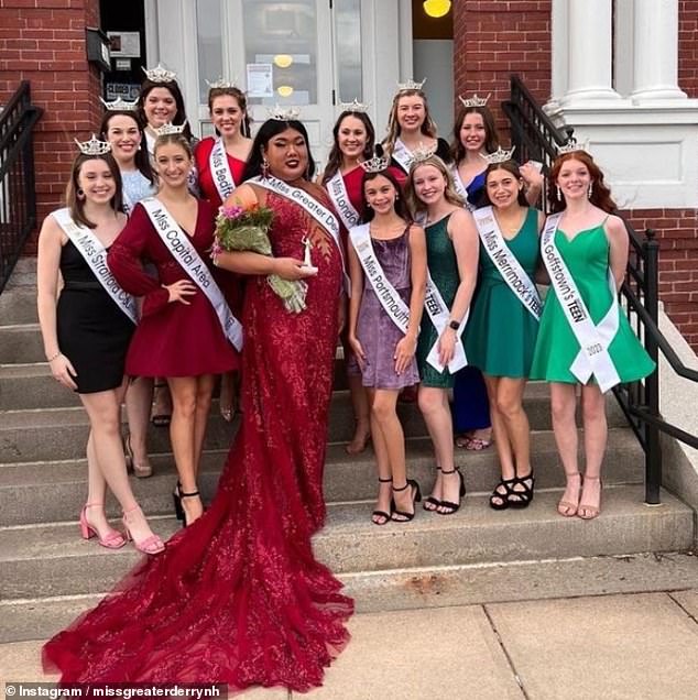 Student Brían Nguyen, 19, poses with other local Miss America contestants after her historic win. The aspiring model is the first transgender woman to win a local title