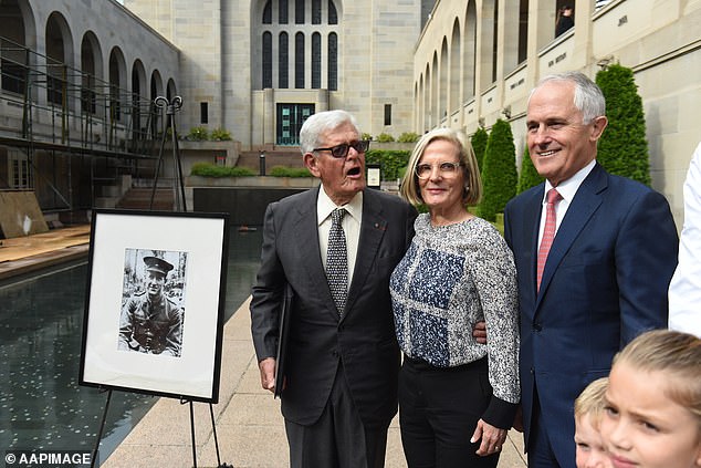 Tom Hughes died two days after his 101st birthday. He is pictured with his daughter Lucy Turnbull and son-in-law, then Prime Minister Malcolm Turnbull, at the Australian War Memorial in Canberra in 2016.