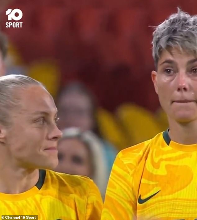 Her Matildas teammates showed emotion as they fought back tears, as the stadium paid tribute to Australia's retired captain.