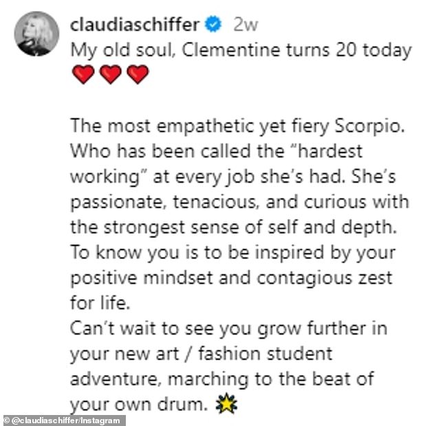 Earlier this month, Clementine celebrated her twentieth birthday, with her mother taking to Instagram to share a sweet tribute, with a series of photos, including of Claudia holding her as a baby.