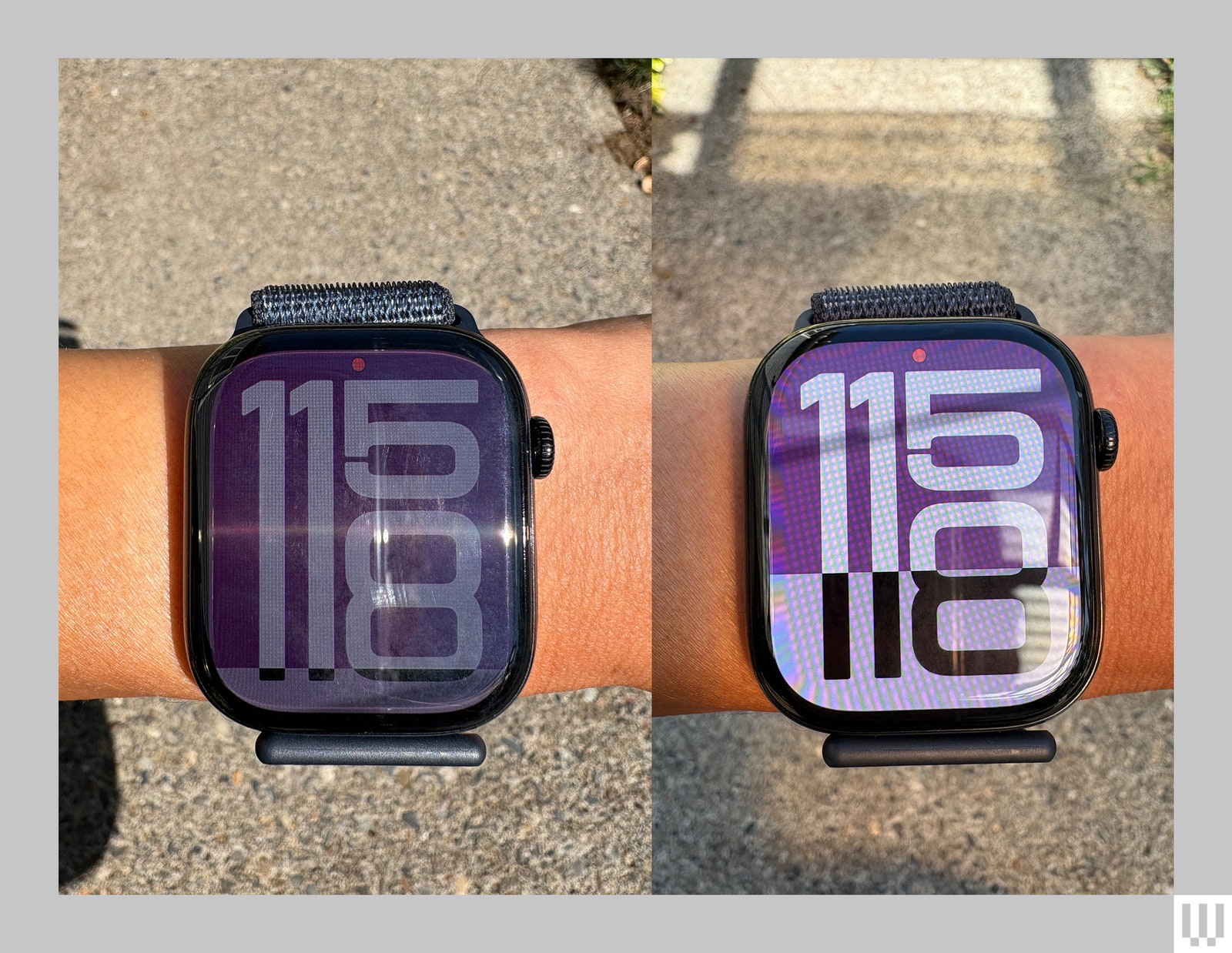 Two views of a smartwatch on someone's wrist showing the difference of the screen under direct and indirect sunlight.