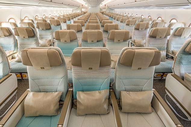 Emirates says about the A350 economy class: (The) seat has a new fabric in an elegant and uplifting light blue, with luxurious bronze armrests creating a very sophisticated look?