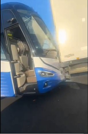 The bus apparently collided with a truck on the highway