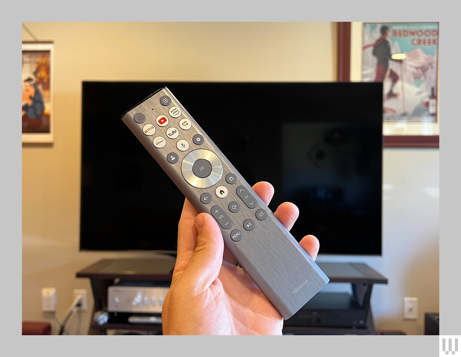 Hand holding a long, narrow gray television remote control with a large screen television in the background