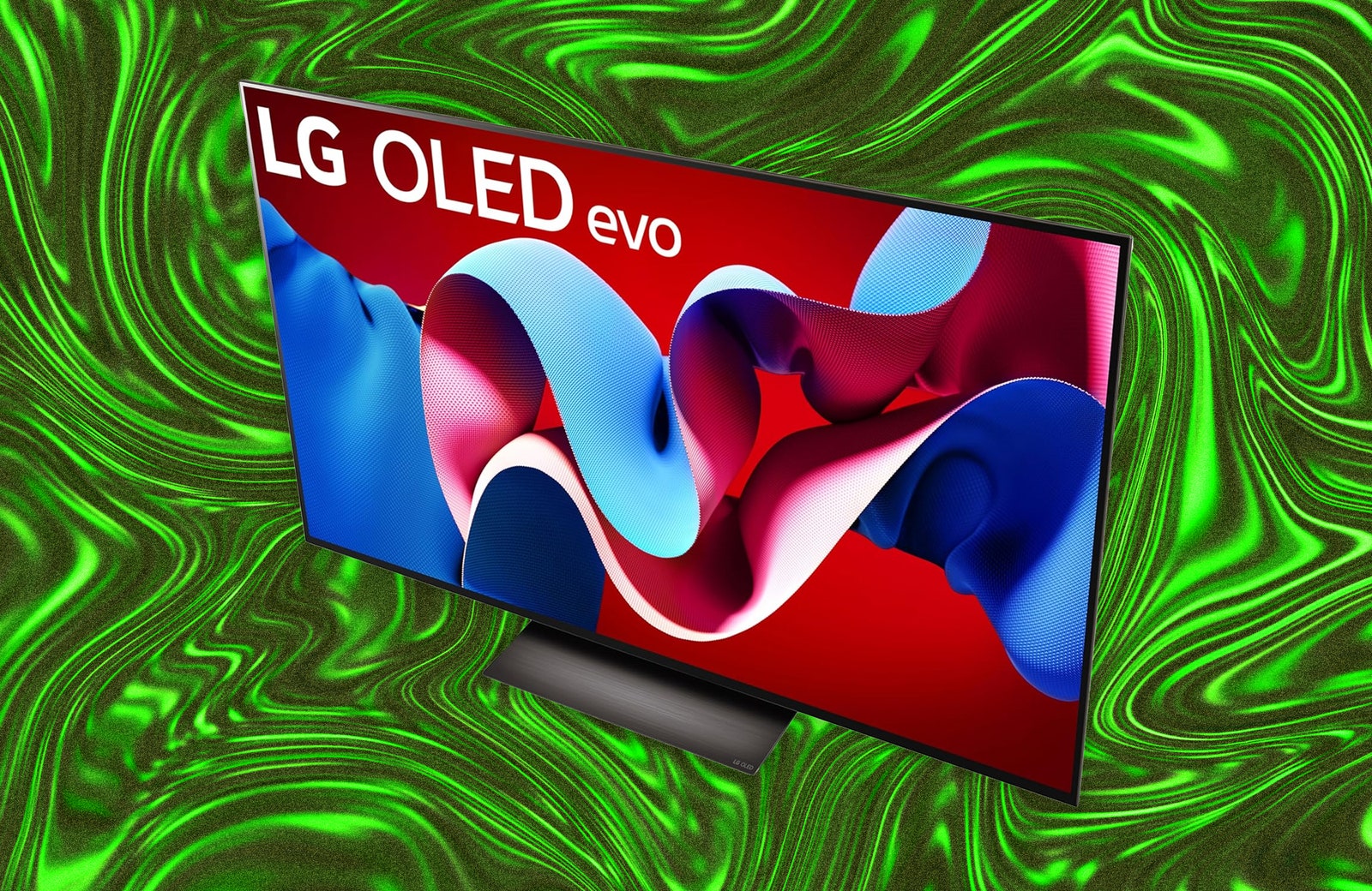 LG C4 65-inch TV, a large, slim TV with red and blue abstract art on the screen. Green and black decorative background...