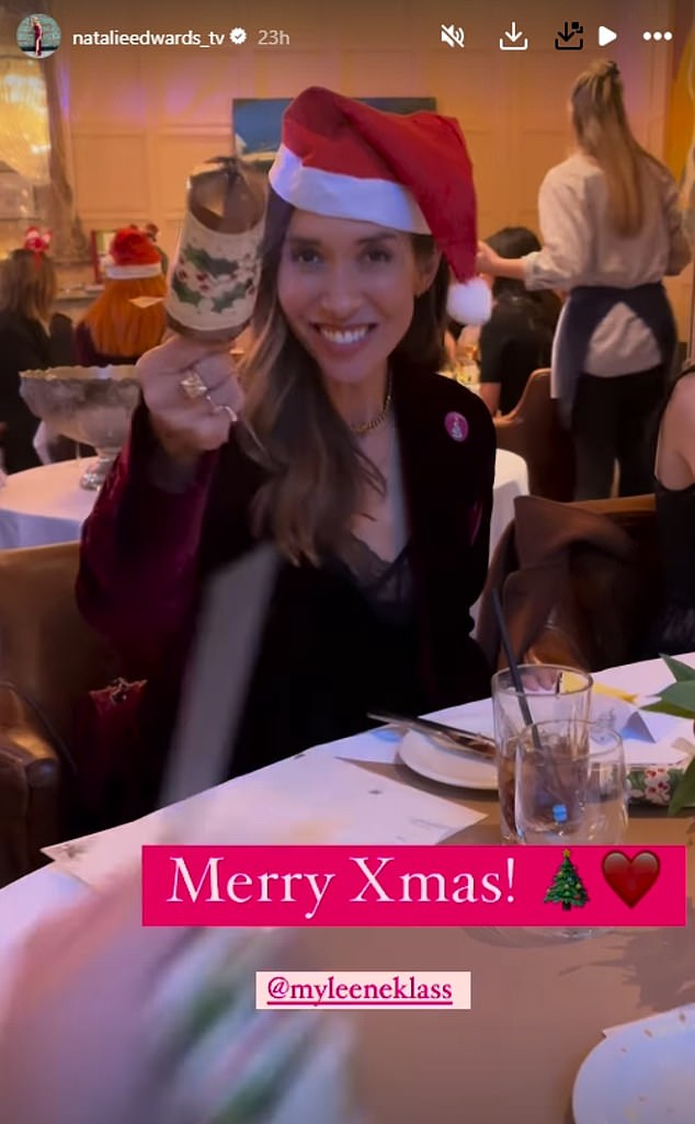 Meanwhile, Myleene looked typically glamorous as she sat around the table in a velvet jacket with a lace camisole and a festive Santa hat.