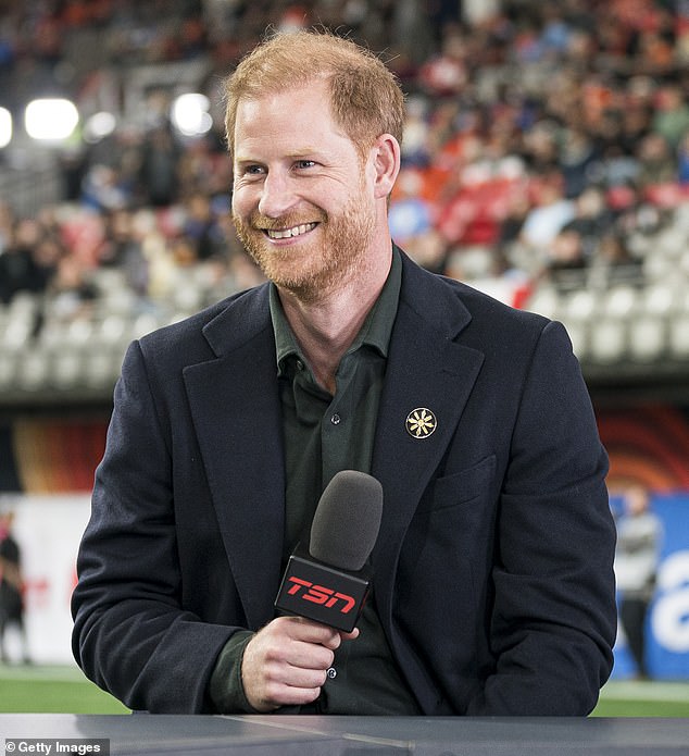 Prince Harry during a television interview during the pre-game festivities before the start of the 2024 Gray Cup at BC Place on November 17, 2024 in Vancouver.