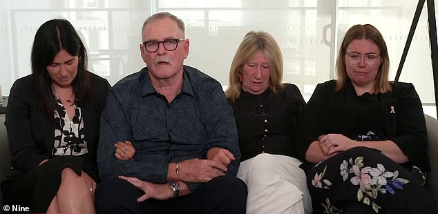 Tougher's father, Jeff, described his son as an incredibly compassionate man (pictured, from left, Tougher's sister, father, mother and wife).