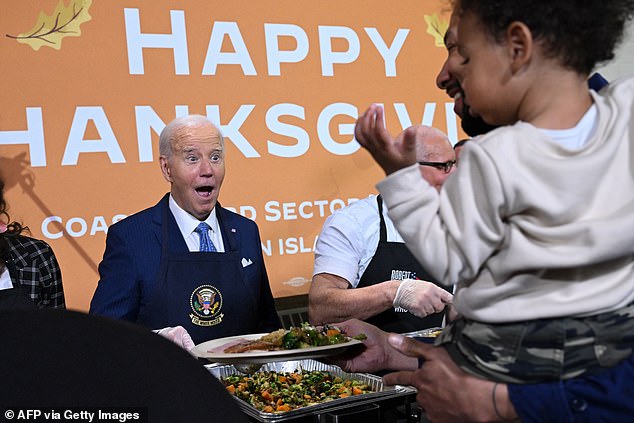 The plane was carrying government workers and officials to a Thanksgiving event (pictured) with the president in New York on Monday before being grounded due to safety concerns