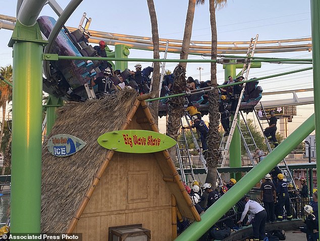 This photo shows emergency responders rescuing people trapped on a roller coaster at Castles N' Coasters on Saturday