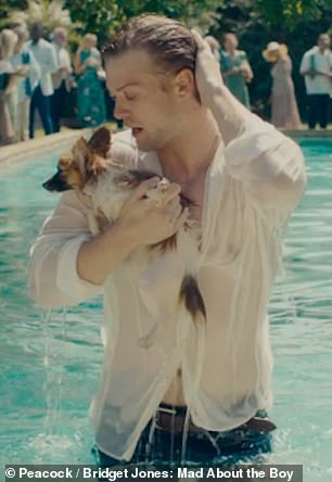 Leo's handsome character Roxster emerges from a pool after rescuing a dog