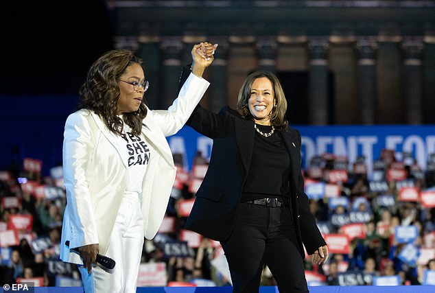 Kamala Harris had dozens of Hollywood celebrities backing her White House bid, including Oprah Winfrey, who traveled across the country on Monday to appear at Harris' final 2024 campaign rally (pictured).