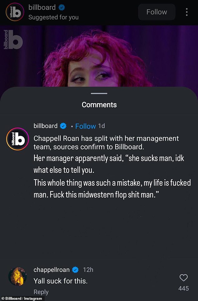 Billboard took to Instagram to post a photo of the Pink Pony Club hitmaker, 26, while promoting her article about the management firing, to which she responded: 