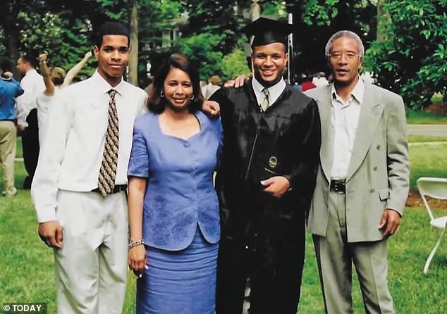 Craig photographed on his graduation day with his mother, Betty, and father, Lawrence, as well as his brother.