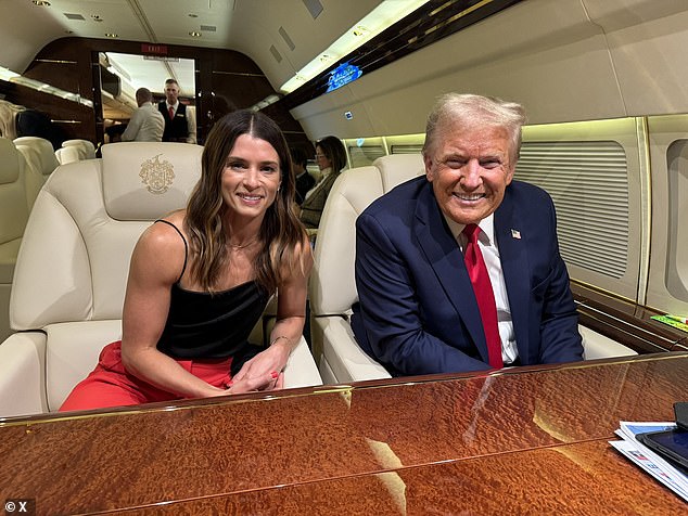 Danica Patrick shared a timeline of her night with Trump at X, along with a photo of the two smiling on their plane.