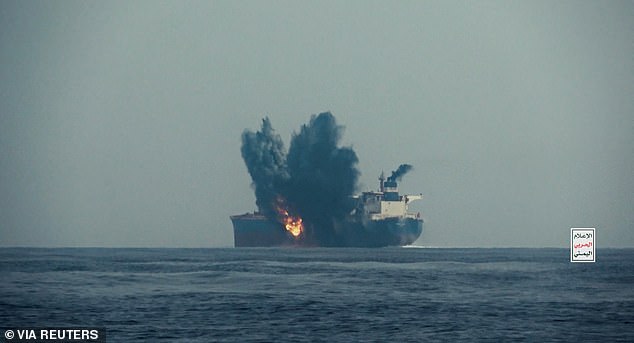 The oil tanker Cordelia Moon bursts into flames after being hit by a missile in the Red Sea, off Yemen's Red Sea port of Hodeida, in this screenshot from a video released on October 1, 2024