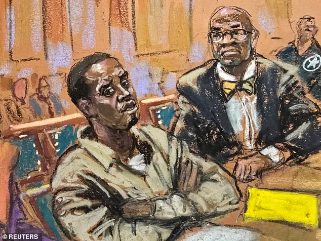 Diddy, 55, is currently in prison awaiting trial following his arrest in September; A sketch is shown in the courtroom of his hearing this Thursday.