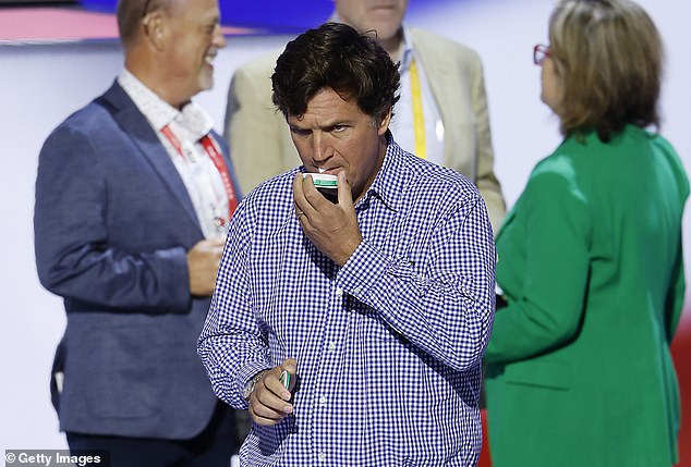 Tucker Carlson used to be an enthusiastic promoter of Zyn nicotine pouches. He is seen wearing one at the Republican National Convention in July.