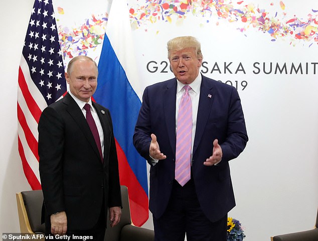 Putin has no immediate plans to congratulate Trump on his victory, according to the Kremlin (pictured: the two at the G20 summit in June 2019)