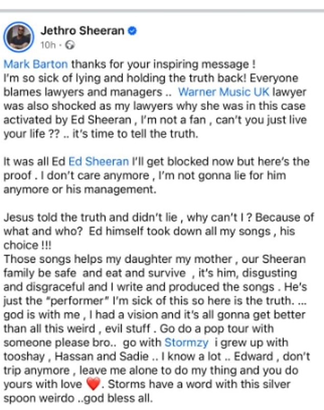 Jethro Sheeran's message for his cousin to leave him alone and urged Stormzy to intervene