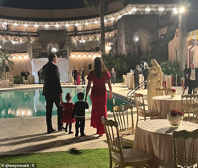 In another image, Musk and Zilis form a united front while holding hands with two of their children next to a pool at Mar-a-Lago.