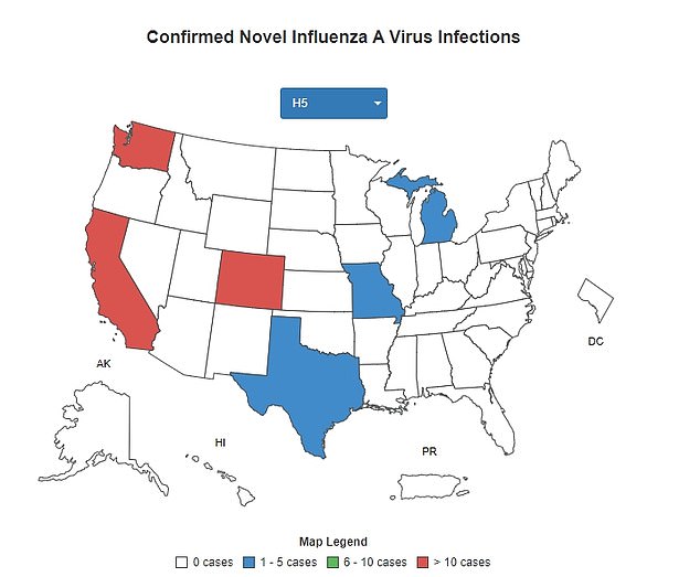 The map above shows the locations of bird flu infections in the US during 2024 and during the current outbreak. So far there have been 27 confirmed cases of bird flu in California, and all had previously had mild symptoms.