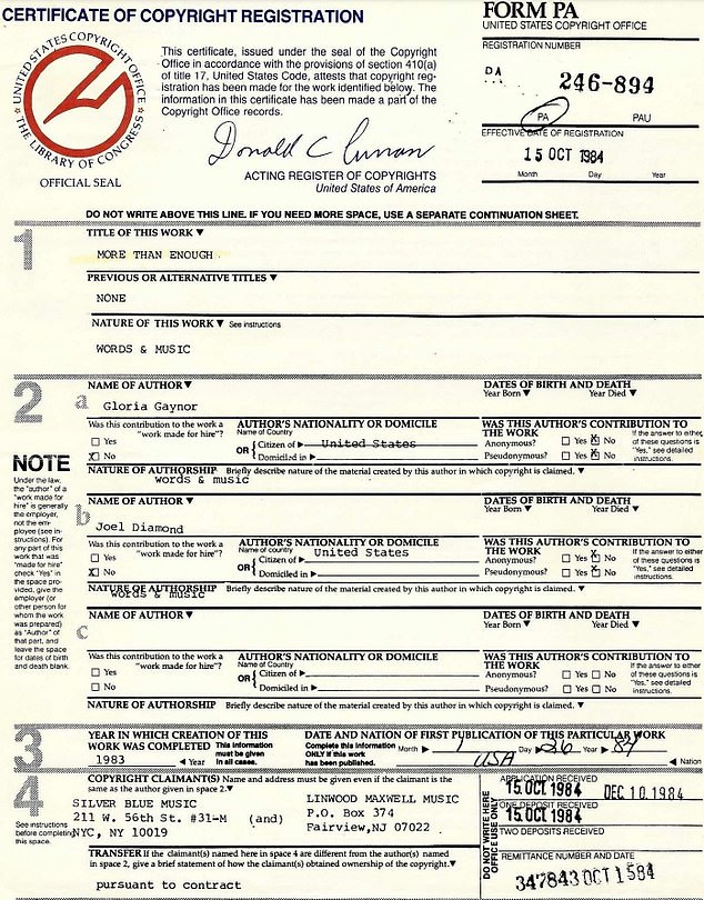 A copyright registration certificate signed in October 1984 by Gaynor and Diamond.