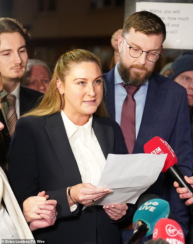 Nikita Hand speaking to media outside court as she hears the verdict in her civil case. In the photo: with her boyfriend, on the right.