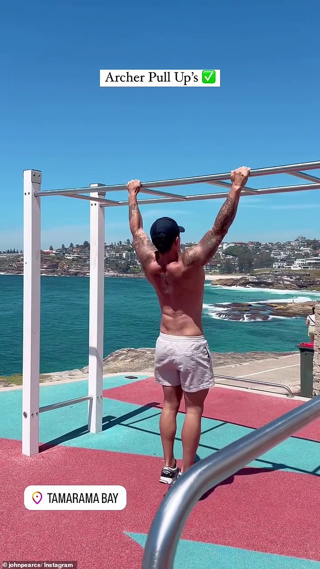 The former Justice Crew member, 33, showed off his ripped figure while doing a set of pull-ups at Tamarama Beach in Sydney on Tuesday.