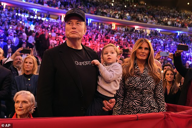 Elon Musk has become close to Melania Trump, the two are seen with Musk's son at Trump's Madison Square Garden rally in October.