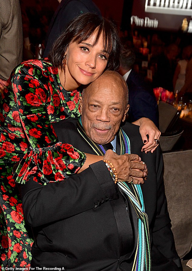 Quincy Jones with his daughter, Hollywood actress Rashida Jones, who played Karen Filippelli on The Office. They are pictured at a pre-Grammy event in Beverly Hills in January 2020.