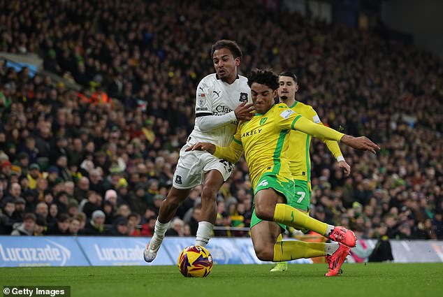 Plymouth's Matthew Sorinola (left) battles for possession with Norwich defender Ben Chrisene